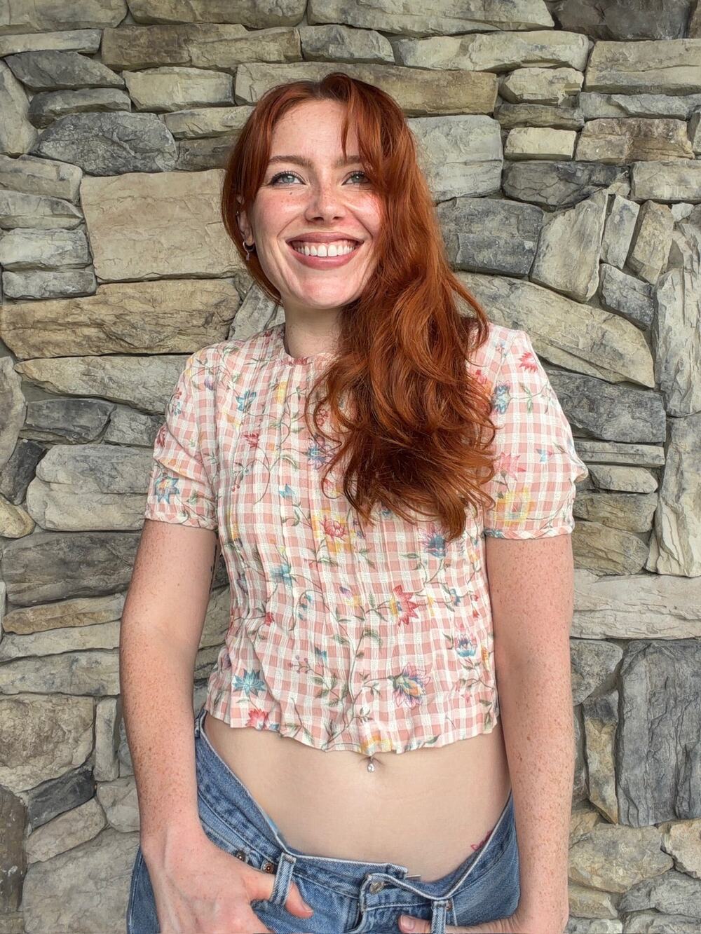 Reworked Vintage Pink Gingham Floral Tie-Back Top Cottagecore Romantic